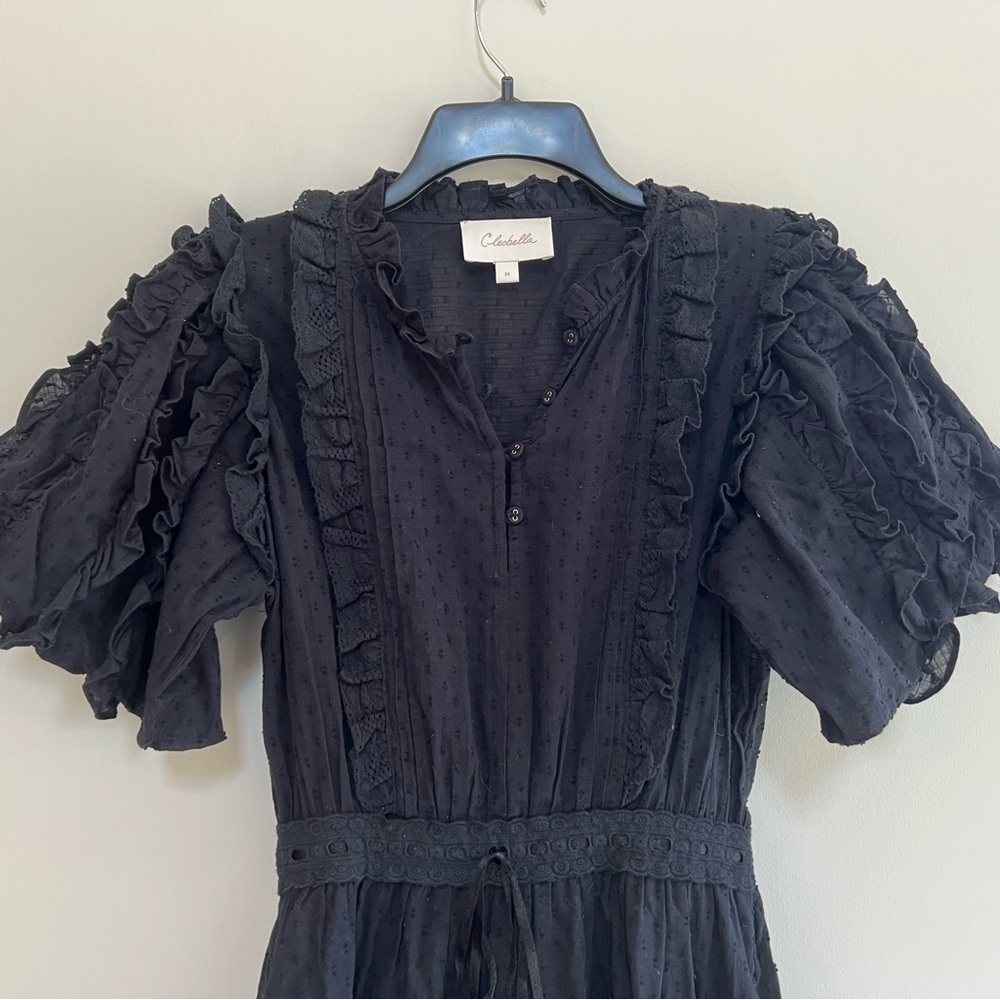 Cleobella Brigitte Midi Ruffled Bubble Sleeve Smocked Tiered Dress Black, Medium - Picture 5 of 9